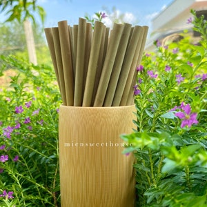 Op de afbeelding: Een verzameling bamboe rietjes in een cilindrische bamboe houder. De rietjes zijn lichtbruin van kleur en de houder is een lichtere tint bruin. De tekst "miensweethouse" staat op de houder. De achtergrond is een weelderige groene tuin met paarse bloemen.