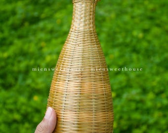 Jarrón de bambú tejido a mano – Jarrón de flores tradicional vietnamita de ratán – Decoración rústica y natural para el hogar