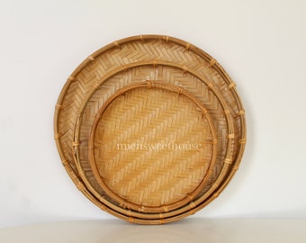 Vietnamese handmade basket | Set 3 bamboo flat baskets, handwoven bamboo basket, summer decor, decorate for your home, gift for mom