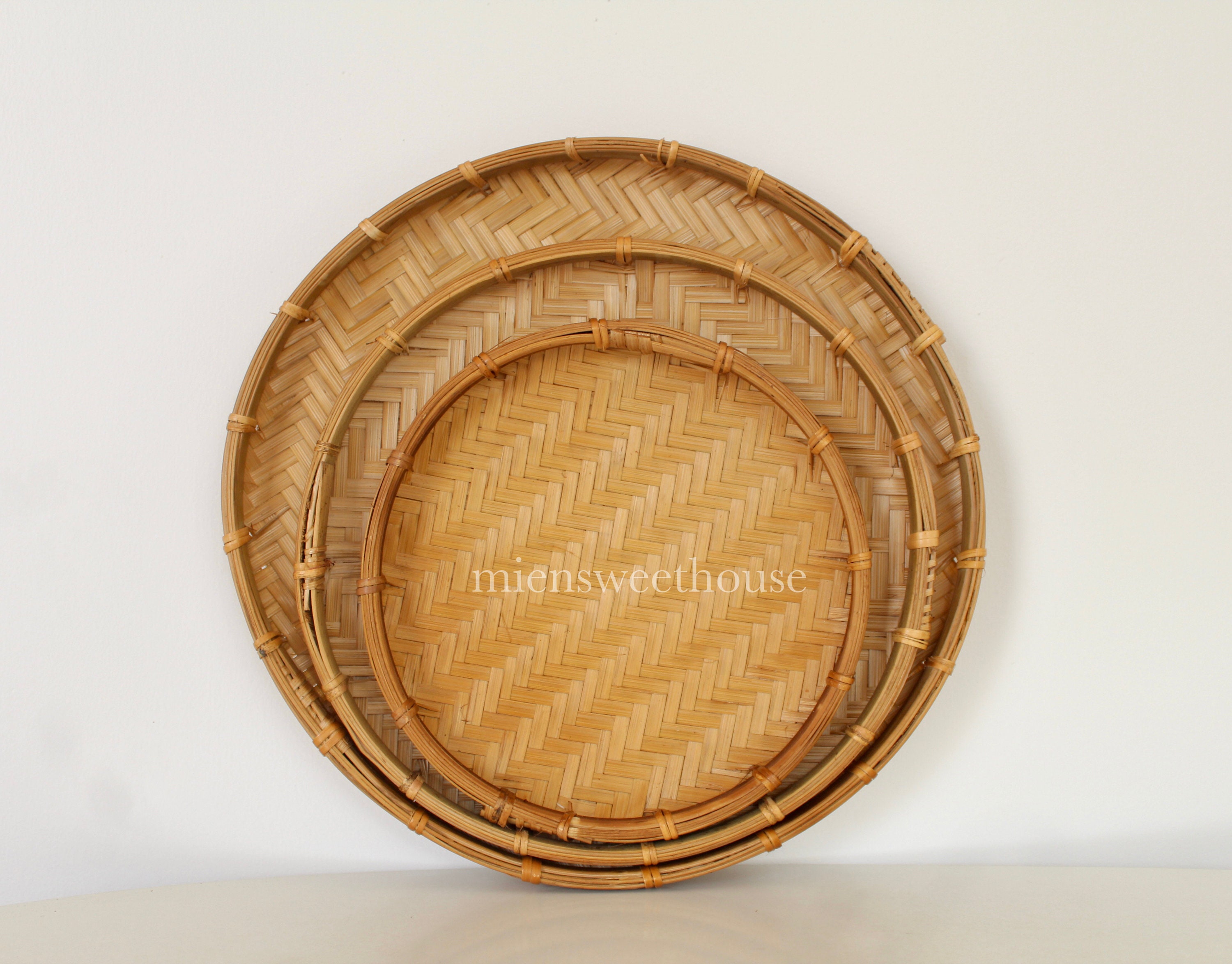 Vietnamese Handmade Basket Set 3 Bamboo Flat Baskets, Handwoven Bamboo ...