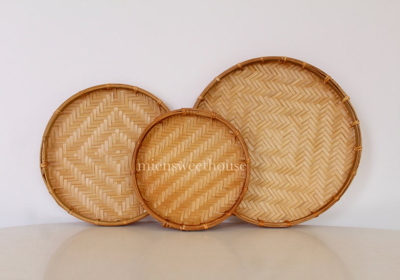 Vietnamese Handmade Basket Set 3 Bamboo Flat Baskets, Handwoven Bamboo
