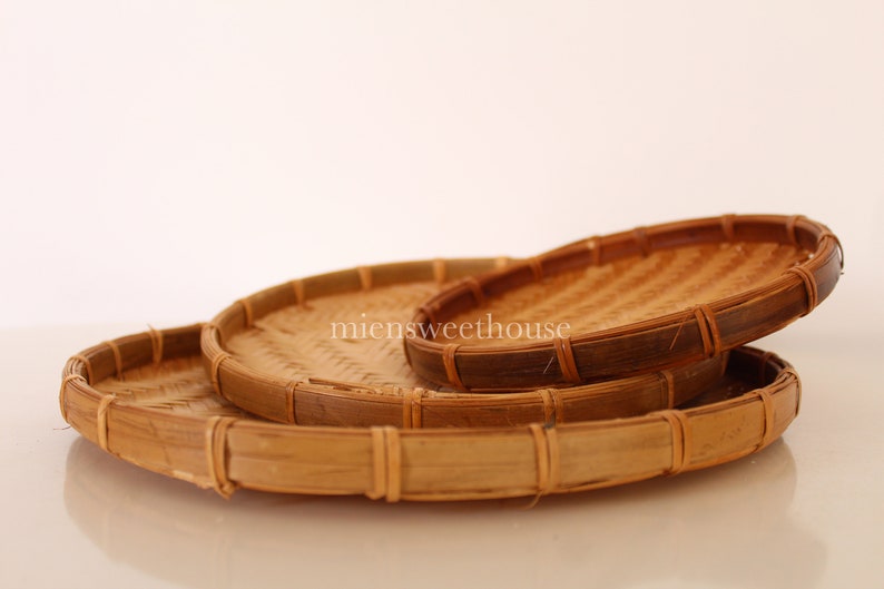 Vietnamese Handmade Basket Set 3 Bamboo Flat Baskets, Handwoven Bamboo