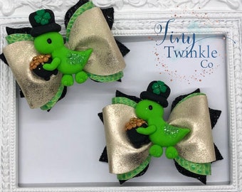 Lucky Dino St. Patricks Day Hair Bow- Girl's St. Patty's Day Hair Clip