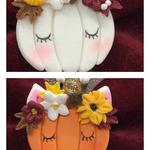 Pu&ograve; includere: Due ornamenti a forma di zucca con corna di unicorno, uno bianco e uno arancione, decorati con fiori e foglie autunnali.