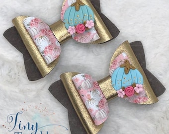 Blush and Baby Blue Pumpkin Bow- Girl's Fall Hair Bow