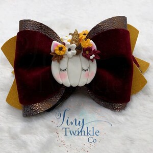 Pu&ograve; includere: Un fiocco di velluto bordeaux con accenti di glitter dorati e un unicorno bianco a forma di zucca con fiori autunnali. Il fiocco &egrave; decorato con il testo "Tiny Twinkle Co."