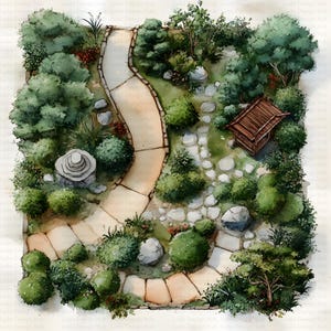 Diseño de vista aérea de jardín zen japonés: perfecto para proyectos de arte, decoración y uso comercial, 12 imágenes PNG, 14 x 14 pulgadas, 400 DPI