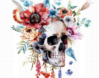 Boho Floral Skull Clipart: High-Resolution PNGs for Commercial Use