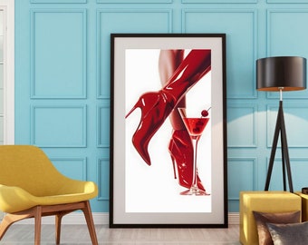 Red Boot Martini Art Print: Eclectic Bar Décor (Commercial Use)