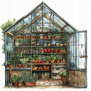 10 arquivos digitais de clipart de estufa de jardim, conjunto de clipart de plantas e flores em aquarela, clipart de jardinagem para scrapbooking, convites