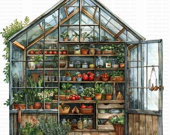 Watercolor Greenhouse Clipart Set: Garden Plants & Flowers (Digital Files)
