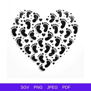 Puede incluir: Silueta en blanco y negro de un corazón hecho de huellas de pies de bebé. El corazón está rodeado de pequeños corazones.