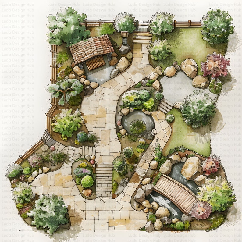 May include: A hand-drawn illustration of a Japanese garden design. The design features a stone path, a small pond, a bridge, and various trees and plants.