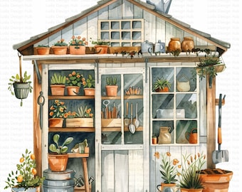 Watercolor Garden Sheds Clipart Set: Plants and Flowers (Digital Files)