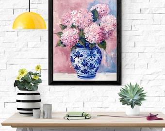 Ilustração floral de hortênsia rosa: arte de parede estilo fazenda boho (uso comercial)
