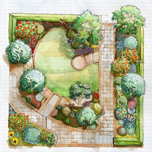 May include: A hand-drawn garden design with a curved pathway, a circular lawn area, and various trees and shrubs. The design features a variety of colors, including green, brown, and orange.