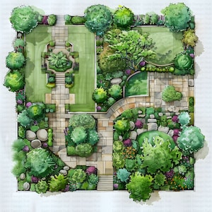 May include: A watercolor illustration of a garden design plan. The plan includes a central courtyard with a stone path, a pond, and various trees and shrubs.