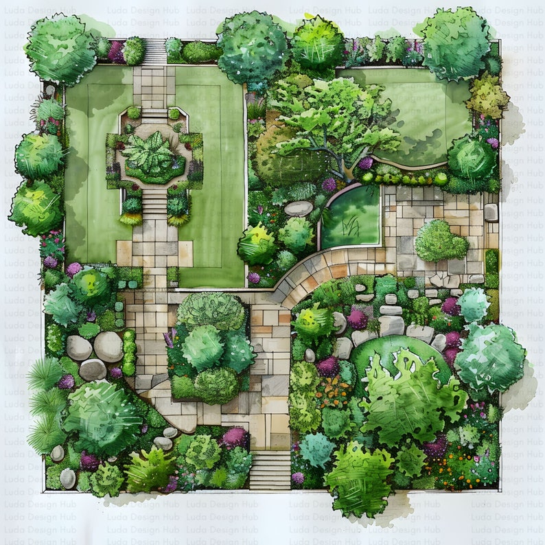 May include: A watercolor illustration of a garden design plan. The plan includes a central courtyard with a stone path, a pond, and various trees and shrubs.
