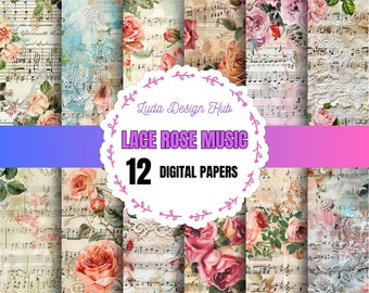 Lace Rose Music Digital Paper: Elegant Floral PNG (Commercial Use)