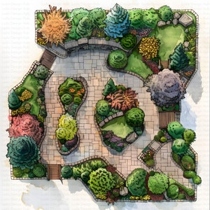May include: A top-down view of a garden design plan with a stone path, various trees and shrubs, and a small wooden bridge.