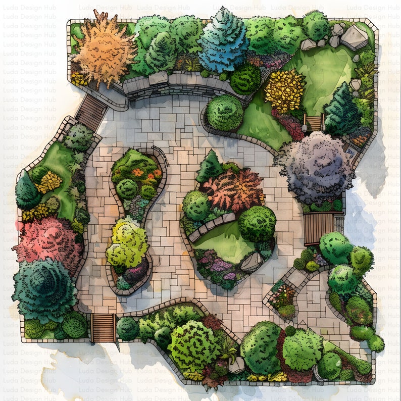May include: A top-down view of a garden design plan with a stone path, various trees and shrubs, and a small wooden bridge.