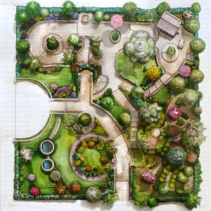 May include: A detailed hand-drawn garden design plan with various plants, trees, and walkways. The plan includes a circular patio area, a fountain, and a variety of plant species.