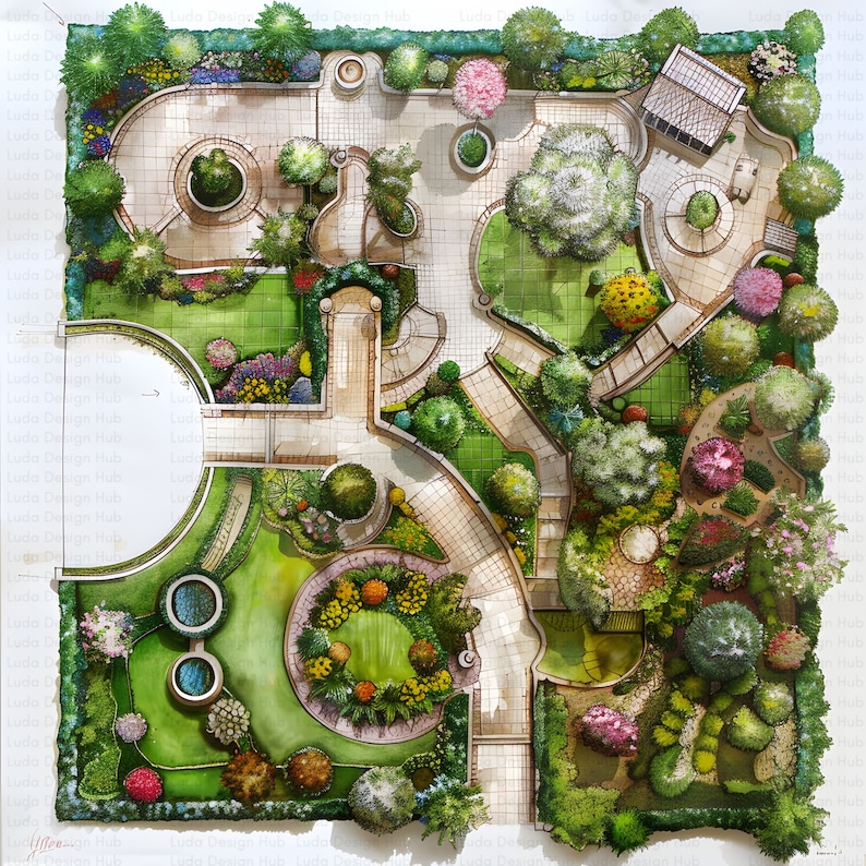 May include: A detailed hand-drawn garden design plan with various plants, trees, and walkways. The plan includes a circular patio area, a fountain, and a variety of plant species.