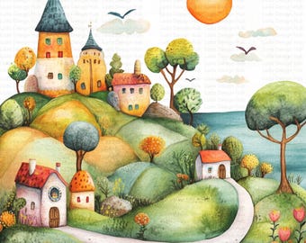 Clipart de Vila Litorânea em Aquarela: Imagens PNG de Paisagem de Conto de Fadas (Download Digital)
