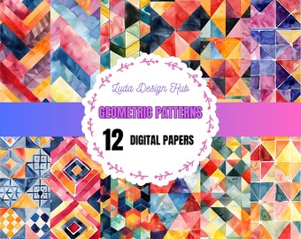 Watercolor Geometric Patterns: Scrapbook Paper (Commercial Use, Digital Download)