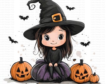 Cute Halloween Witch Girl Clipart for Commercial Use - Adorable Witch Images for Crafts, Decor, and Scrapbooking - 12 High-Resolution PNGs