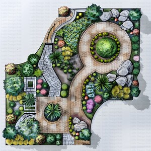 May include: A hand-drawn landscape design plan for a garden with a stone path, circular flower beds, and a variety of trees and shrubs.