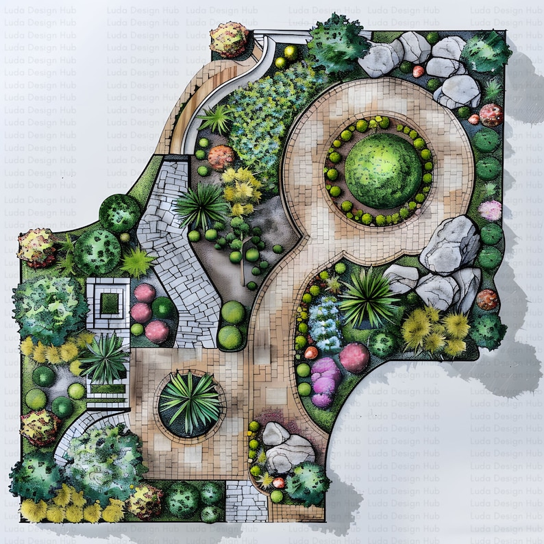 May include: A hand-drawn landscape design plan for a garden with a stone path, circular flower beds, and a variety of trees and shrubs.