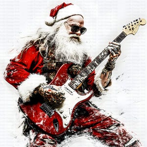 Puede incluir: Un Papá Noel con una larga barba blanca y un traje rojo de Papá Noel está tocando una guitarra eléctrica roja con una golpeador blanco. Lleva gafas de sol y tiene tatuajes en los brazos. El fondo es una escena blanca nevada.