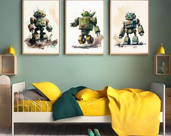 Vintage Toy Robot Watercolor Print: 1950s Sci-Fi Kids Room (Digital Download)