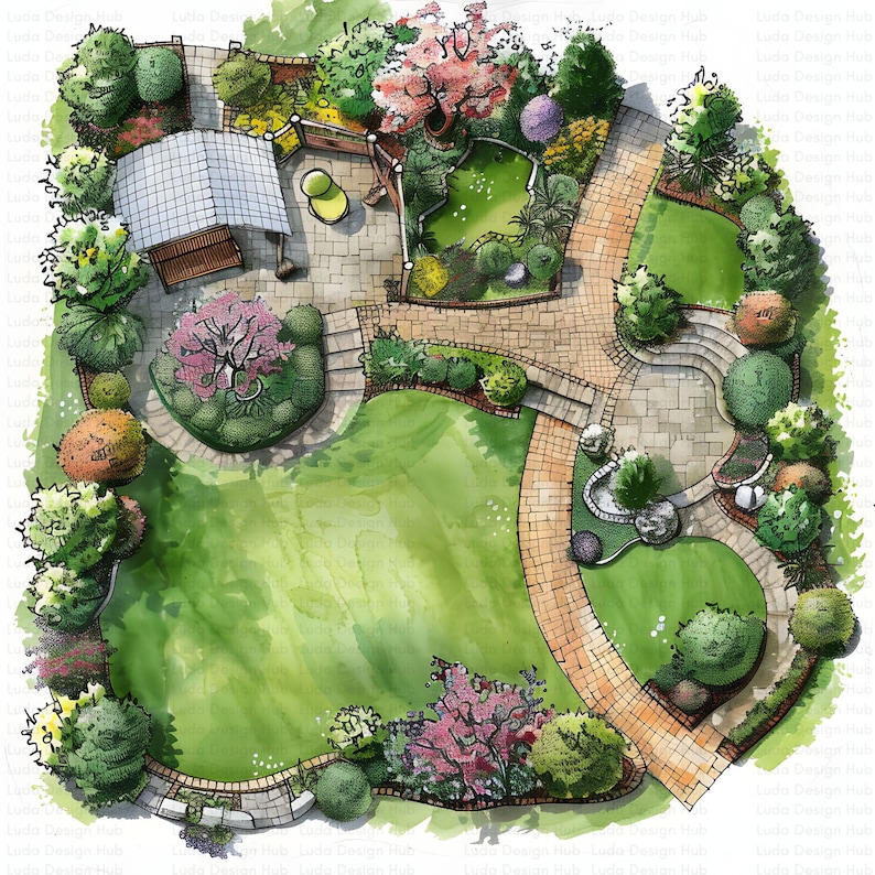 May include: A hand-drawn illustration of a garden design with a patio, a pergola, a winding path, and various trees and shrubs.
