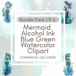 Stunning Alcohol Ink Mermaid Blue Green Clipart Bundle | 6 Artistic Designs | 12x12 Transparent PNG| Commercial Use