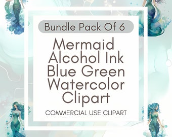 Pacote de clipart de sereia: desenhos em azul e verde com tinta alcoólica (12x12 PNG)