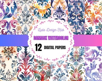 Damask Watercolor Digital Paper: Seamless Printable Design (Commercial Use)