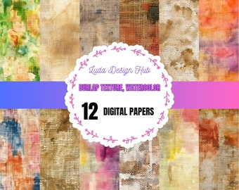 Burlap Texture Watercolor Digital Paper: 12 Seamless PNGs (Commercial Use)