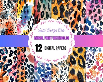 Watercolor Animal Print Digital Paper: 12 Seamless Designs (Commercial Use)
