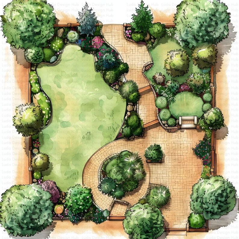 May include: A top-down view of a landscape design plan with a large grassy area, a winding stone path, and various trees and shrubs. The plan includes a patio area with a bench and a small circular area with a fountain.