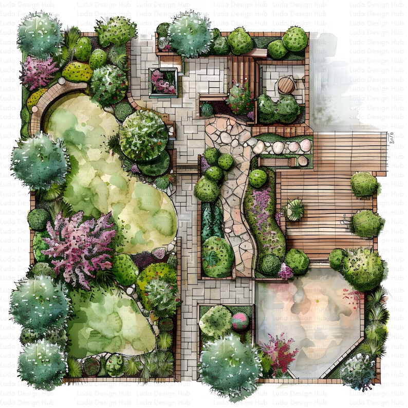 May include: A top-down view of a garden design plan with a stone path winding through a variety of plants and trees. The plan includes a small patio area with a wooden deck and a small pond.