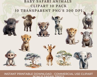 Cute Baby Safari Animals Clipart | 11 Animals + 2 Bonus Safari Trees | High-Quality PNG Instant Download, Commercial Use