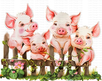 Cute Cheeky Pigs on a Fence Clipart for Commercial Use - Pig Illustration for Crafts, Kids', Projects,Scrapbooking - 12 High-Resolution PNGs