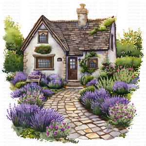 Quaint Garden Cottage with Lavender Bloom Clipart for Commercial Use - Beautiful Cottage Craft, Decor Scrapbooking - 12 High-Resolution PNGs