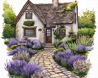 Lavender Cottage Clipart: Garden Cottage Illustration (12 PNGs)
