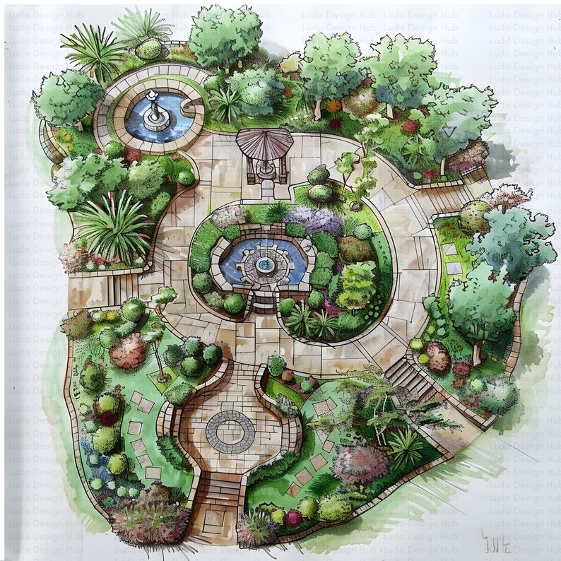 May include: A hand-drawn garden design with a circular path, two fountains, and a variety of trees and shrubs. The design includes a small gazebo and a stone wall.