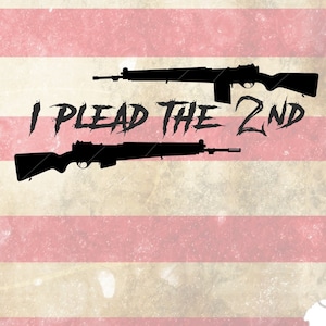 May include: Silhouette of two rifles with the text "I Plead the 2nd" in a distressed font. The background features red and white stripes, reminiscent of the American flag, with a textured, aged appearance.