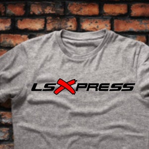 May include: A gray t-shirt with a black and red logo that says "LSXPRESS".