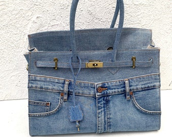 Upcycle Denim Bag, 40 cm Eco-Friendly Jeans Bag, Handmade Upcycle Jeans Bag